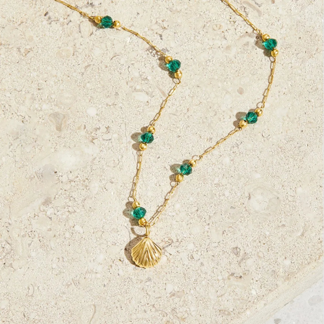 Necklace - Nerissa - Golden Shell & Green Agate - Waterproof and Tarnish Resistant - Perfect for Any Occasion