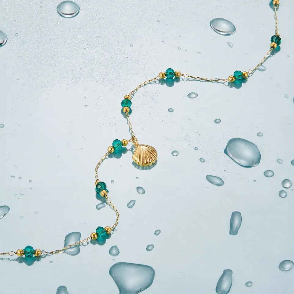 Necklace - Nerissa - Golden Shell & Green Agate - Waterproof and Tarnish Resistant - Perfect for Any Occasion