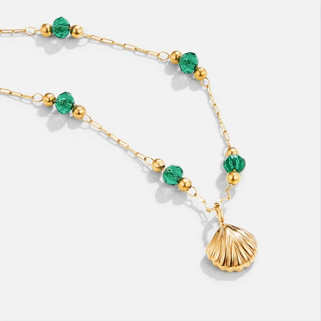 Necklace - Nerissa - Golden Shell & Green Agate - Waterproof and Tarnish Resistant - Perfect for Any Occasion