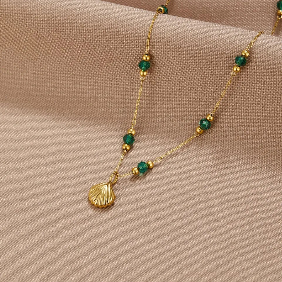 Necklace - Nerissa - Golden Shell & Green Agate - Waterproof and Tarnish Resistant - Perfect for Any Occasion