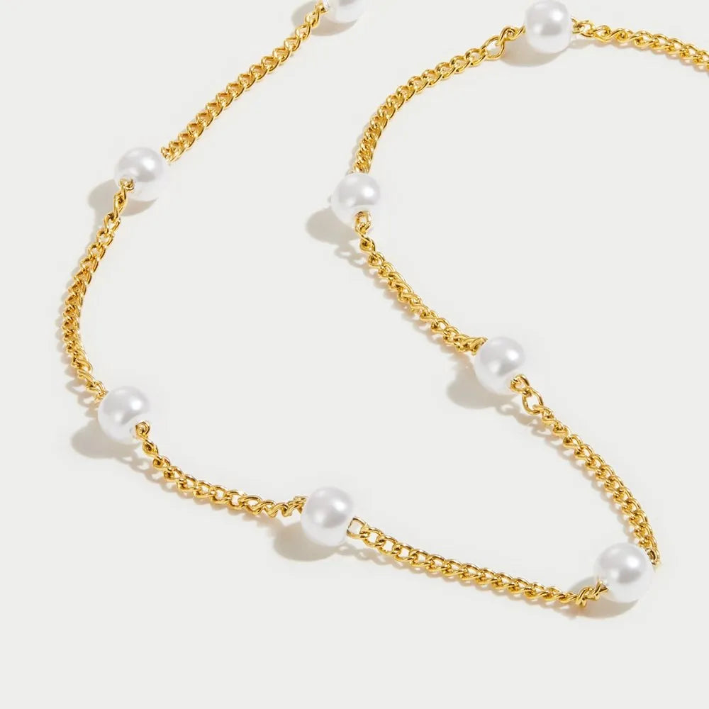 Pearl Necklace - Timeless - 18K Gold Plated, Simulated Pearl - Perfect for Festive Occasions